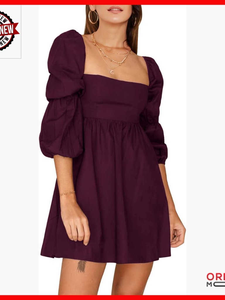 Square Neck Mini Dress With Puff Sleeves, A-Line, Casual